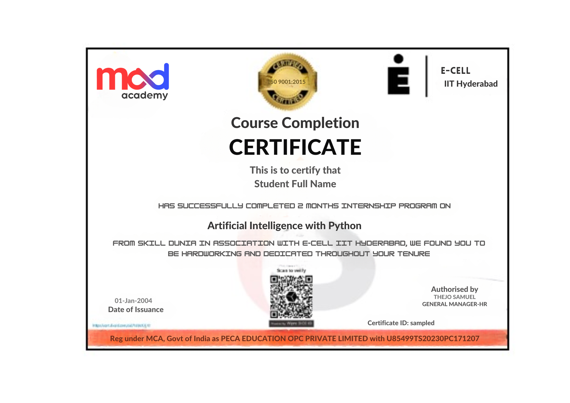 Sample Course Completion Certificate from Mad Academy